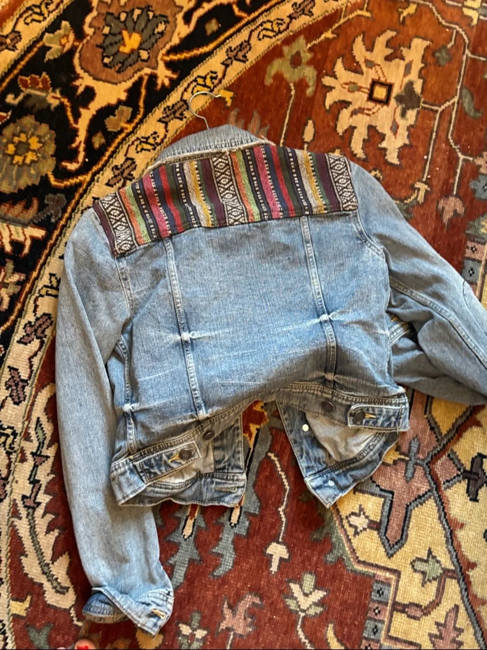 Free People Blue Denim Jacket with Multi-Color Inset Panels - Picture 6 of 6